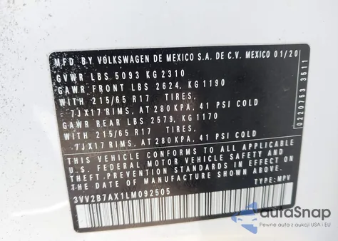 2020 Volkswagen Tiguan 2.0T Se/2.0T Se R-Line Black/2.0T Sel из США, поврежденный, VIN 3VV2B7AX1LM092505